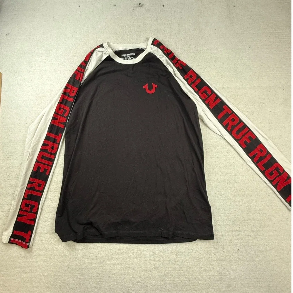 True Religion Mens Large Black White Red Raglan Long Sleeve Logo Graphic T-Shirt